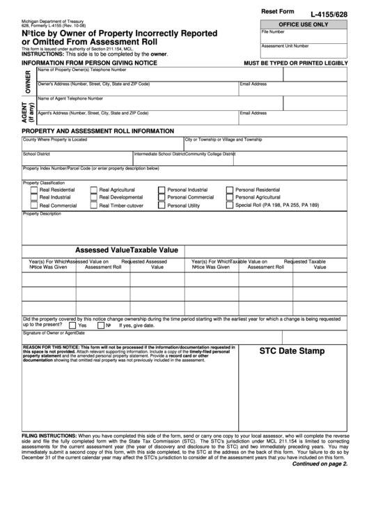 Fillable Form L-4155/628 - Notice By Owner Of Property Incorrectly Reported Or Omitted From Assessment Roll Printable pdf
