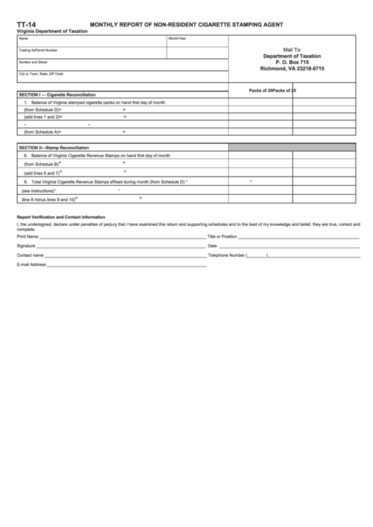 Form Tt-14 - Monthly Report Of Non-Resident Cigarette Stamping Agent Printable pdf
