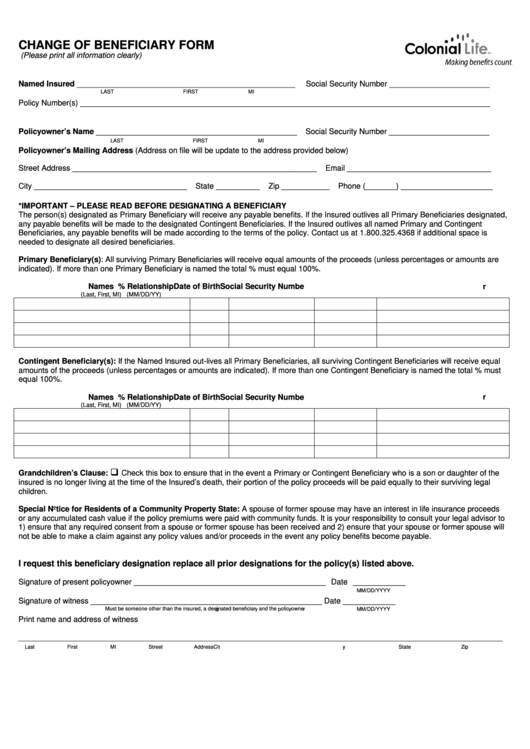 Fillable Change Of Beneficiary Form - Colonial Life Printable pdf