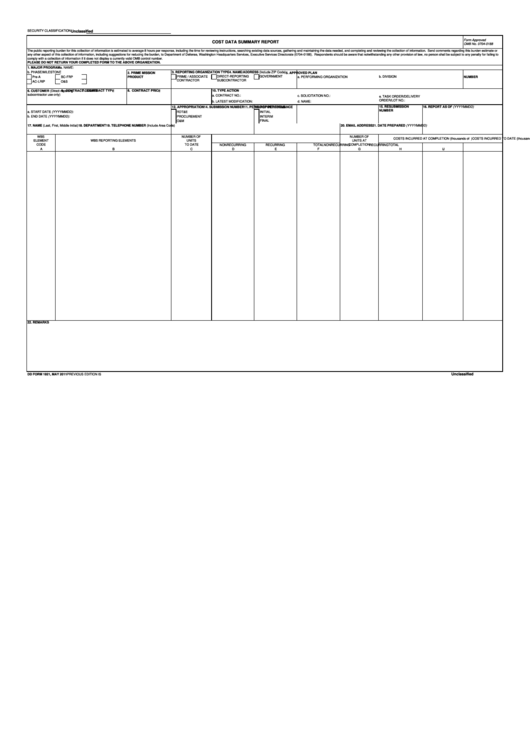 Dd Form 1921 - Cost Data Summary Report - 2011 Printable pdf