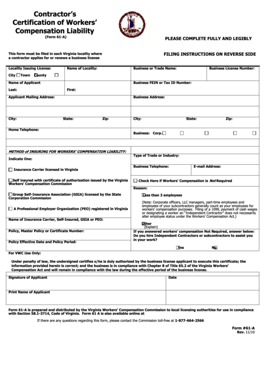Fillable Form 61-A - Contractor