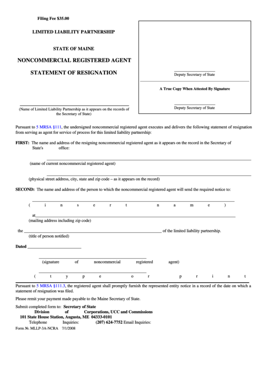 Fillable Form Mllp-3a-Ncra - Limited Liability Partnership Statement Of Resignation Printable pdf