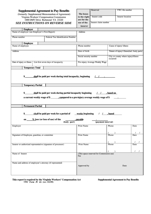 Form 4a - Supplemental Agreement To Pay Benefits - Virginia 1999 Printable pdf