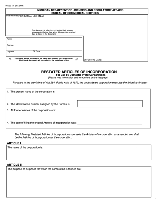 Fillable Form Bcs/cd-510 - Restated Articles Of Incorporation - Michigan Department Of Licensing And Regulatory Affairs Printable pdf