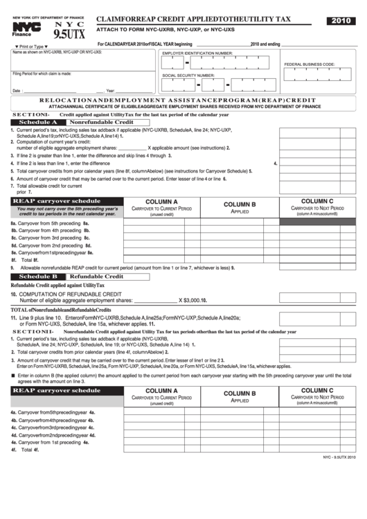 Form Nyc 9.5utx - Claim For Reap Credit Applied To The Utility Tax - 2010 Printable pdf