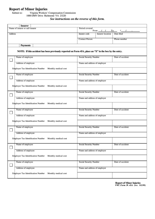 Fillable Form 45a - Report Of Minor Injuries Printable pdf