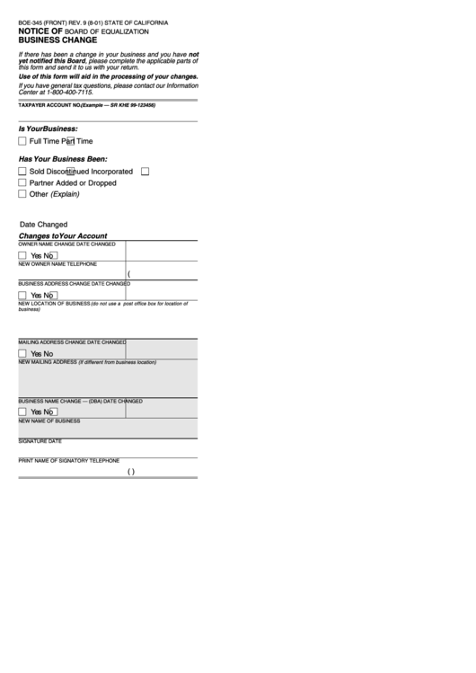 Fillable Form Boe-345 - Notice Of Business Change Printable pdf