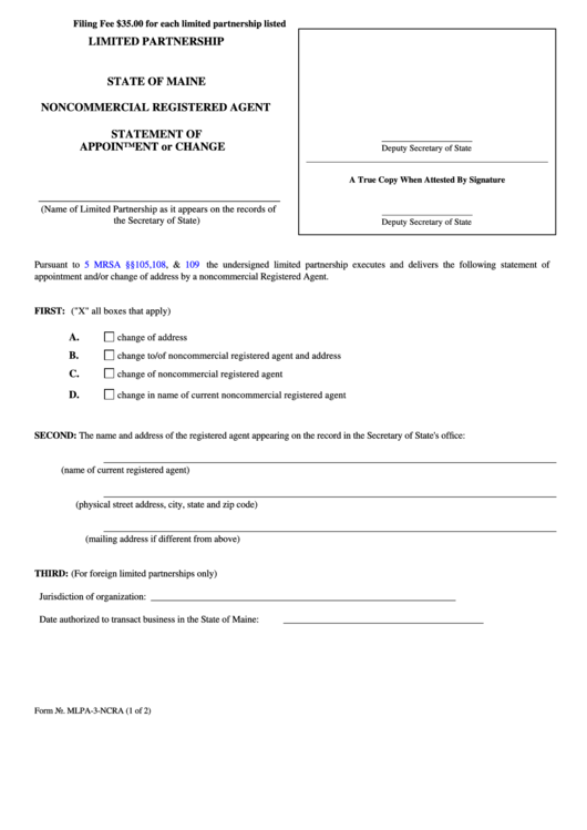 Fillable Form Mlpa-3-Ncra - Noncommercial Registered Agent - Statement Of Appointment Or Change - 2008 Printable pdf