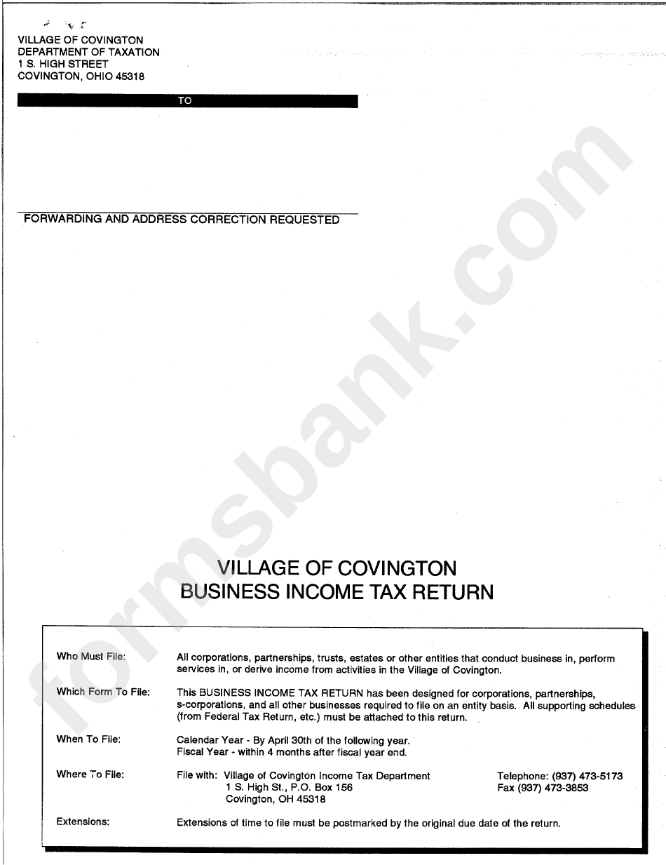 Village Of Covington Business Tax Return printable pdf download