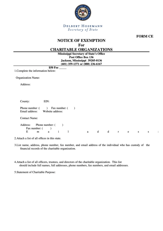 Form Ce - Notice Of Exemption For Charitable Organizations Printable pdf