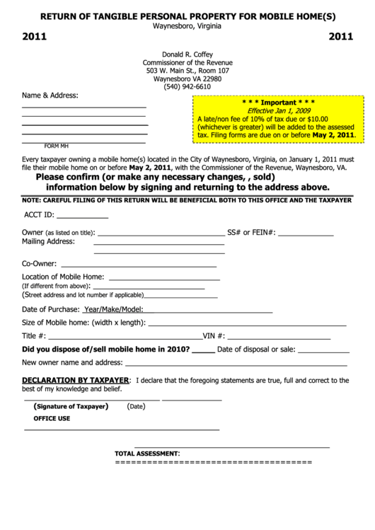 Form Mh - Return Of Tangible Personal Property For Mobile Home(S) - 2011 Printable pdf