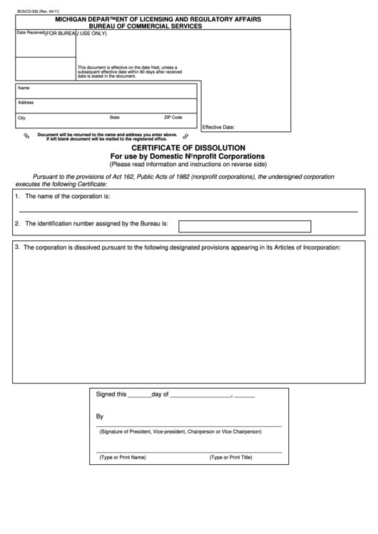 Fillable Form Bcs/cd-532 - Certificate Of Dissolution For Use By Domestic Nonprofit Corporations Printable pdf