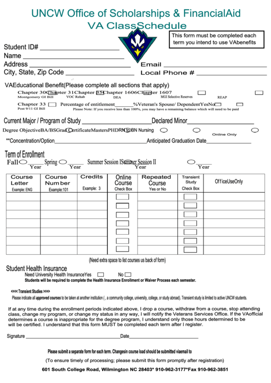 Va Class Schedule Form Printable pdf