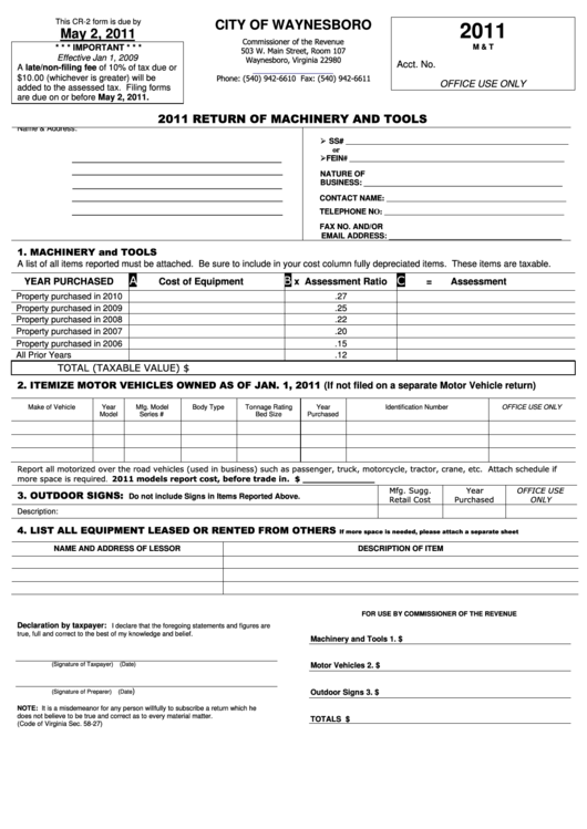 Form Cr-2 - Return Of Machinery And Tools - 2011 Printable pdf