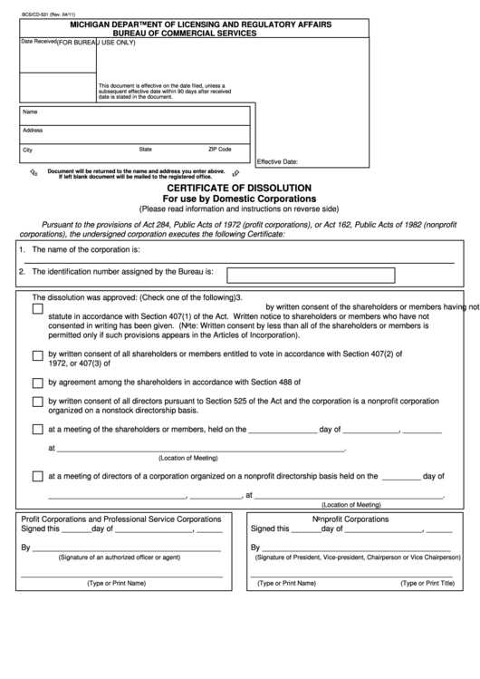 Fillable Form Bcs/cd-531 - Certificate Of Dissolution For Use By Domestic Corporations (2011) Printable pdf