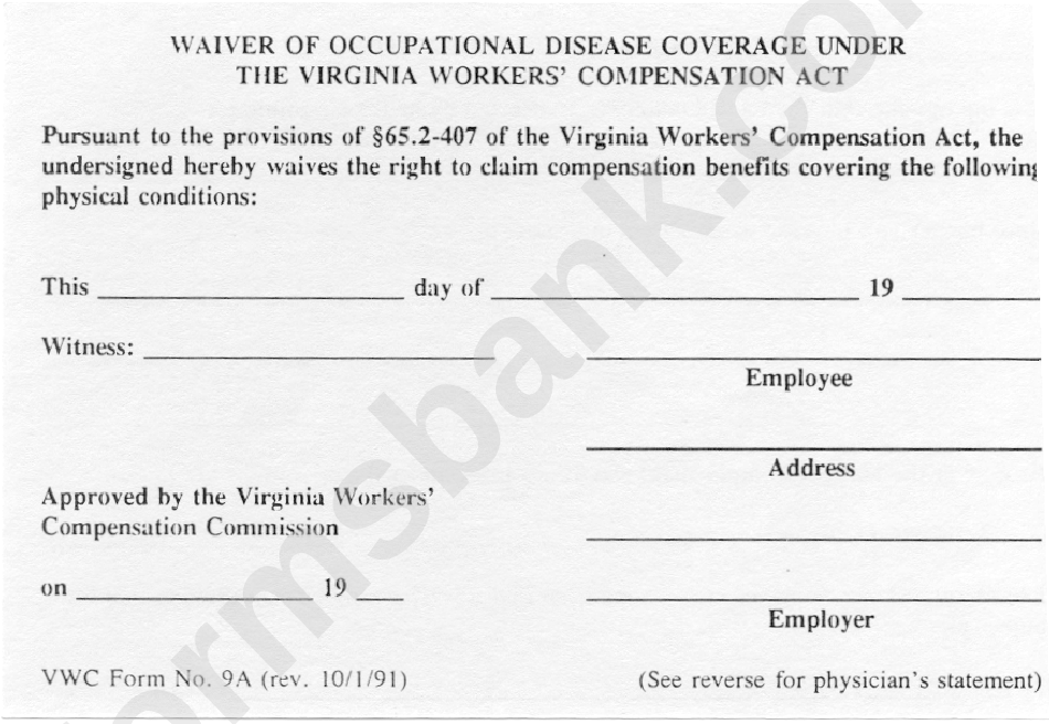 Form 9a - Waiver Of Occupational Disease Coverage Under The Virginia Workers