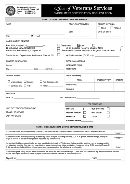 Fillable Enrollment Certification Request Form Printable pdf