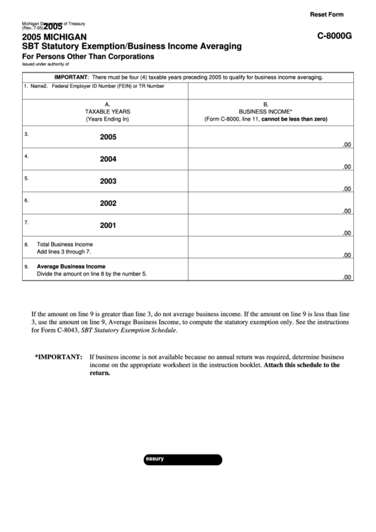 Fillable Form C-8000g - Sbt Statutory Exemption/business Income Averaging - 2005 Printable pdf