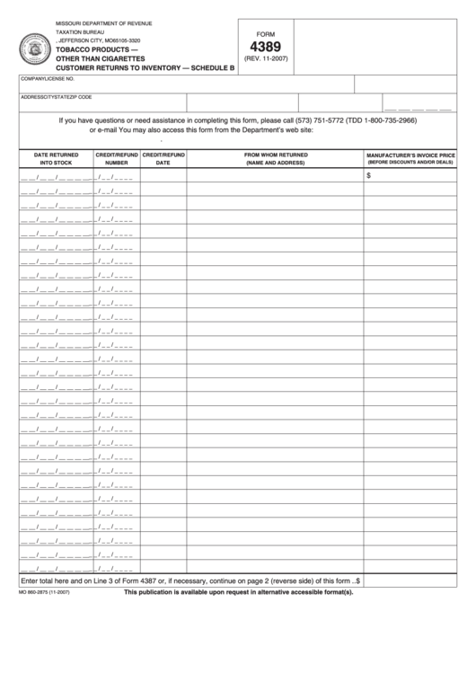 Fillable Form 4389 - Schedule B - Tobacco Products - Other Than Cigarettes Customer Returns To Inventory Printable pdf