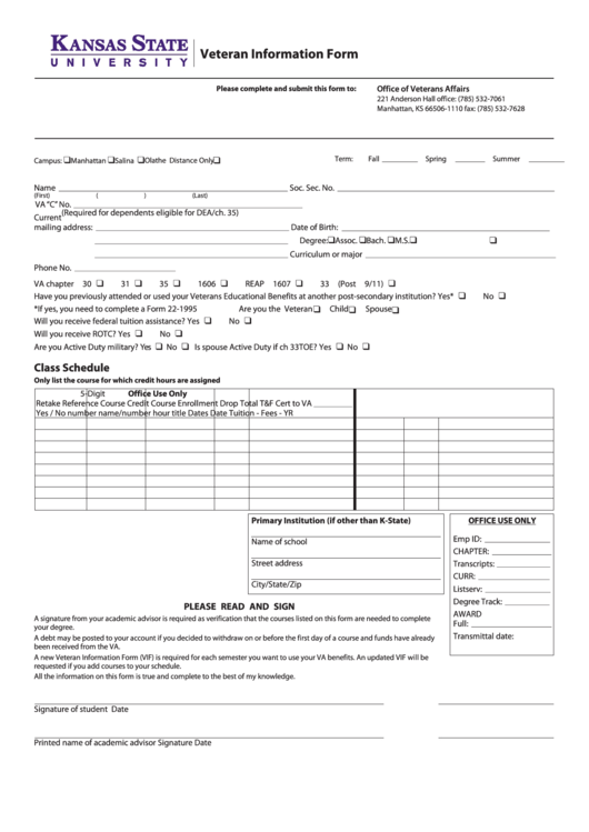 Fillable Veterans Information Form Printable pdf