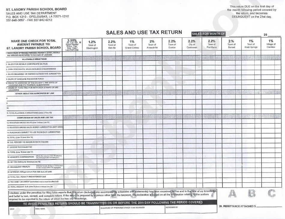 Sales / Use Tax Return Form - St. Laundry Parish