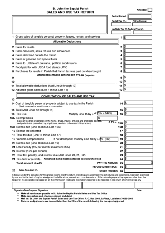 Sales And Use Tax Return Form - St. John The Baptist Parish Printable pdf