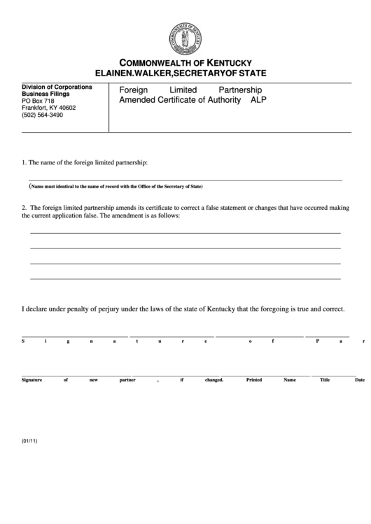 Fillable Form Alp - Amended Certificate Of Authority - 2011 Printable pdf