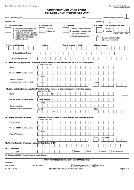 Fillable Form Pm 177 - 2012 - Chdp Provider Data Sheet For Local Chdp Program Use Only Printable pdf