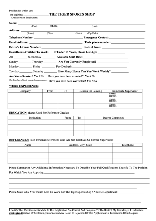 Application For Employment Form Printable pdf