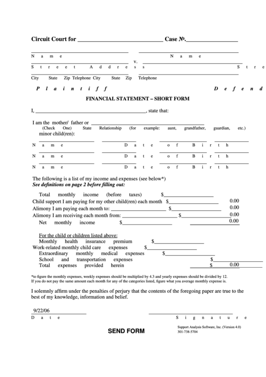 Fillable Financial Statement - Short Form Printable pdf
