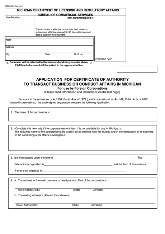Fillable Form Bcs/cd-560 - Application For Certificate Of Authority To Transact Business Or Conduct Affairs In Michigan Printable pdf