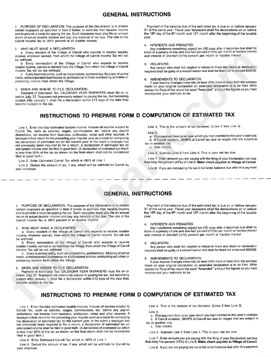 Instructions To Prepare Form D Computation Of Estimated Tax - Village Of Carroll