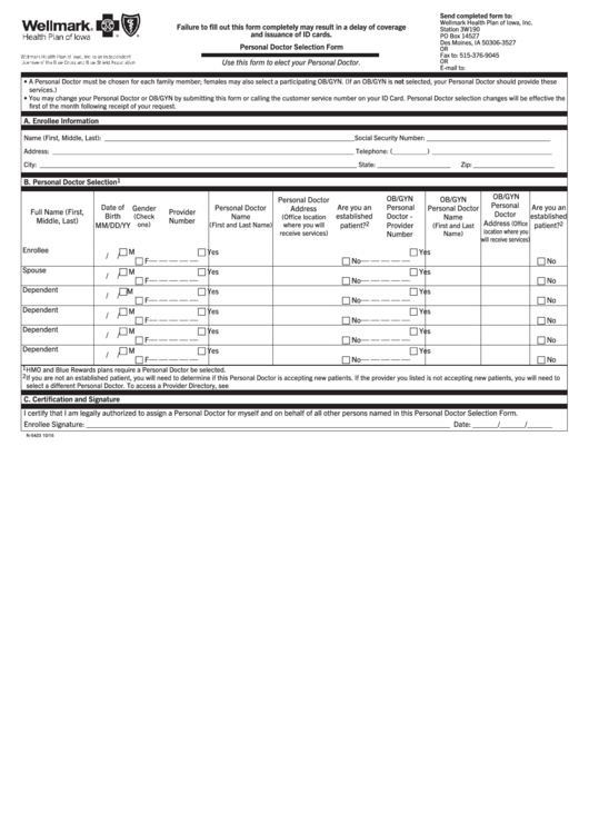 Fillable Form N-5423 - Personal Doctor Selection Form - Wellmark Iowa Printable pdf