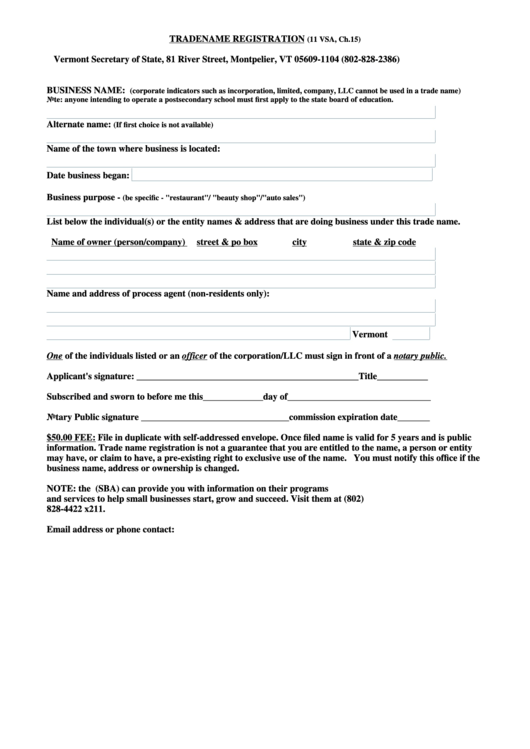 Tradename Registration Form Printable pdf