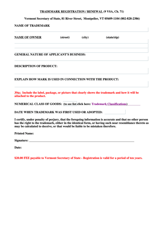 Trademark Registration / Renewal Form Printable pdf