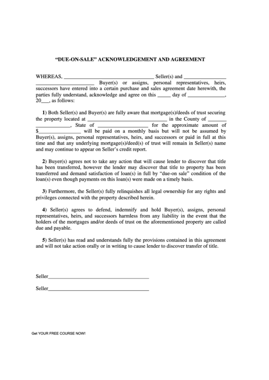"Due-On-Sale" Acknowledgement And Agreement Form Printable pdf