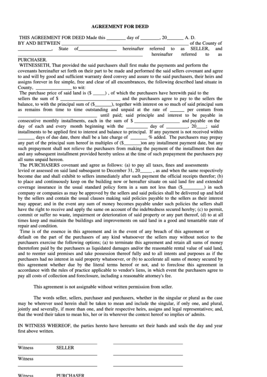 Agreement For Deed Form Printable pdf