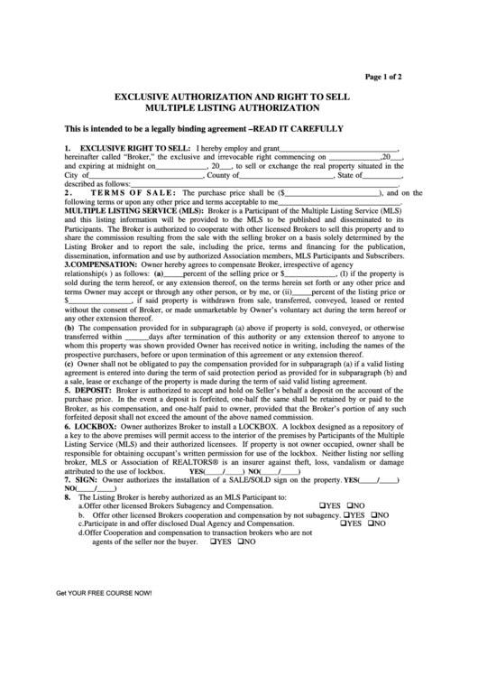 Exclusive Authorization And Right To Sell Multiple Listing Authorization Form Printable pdf