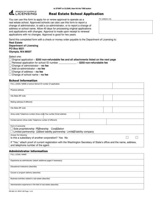Fillable Form Re-620-121 - Real Estate School Application - 2011 Printable pdf