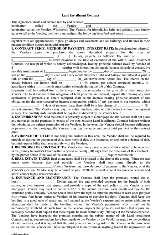 Land Installment Contract Form Printable pdf