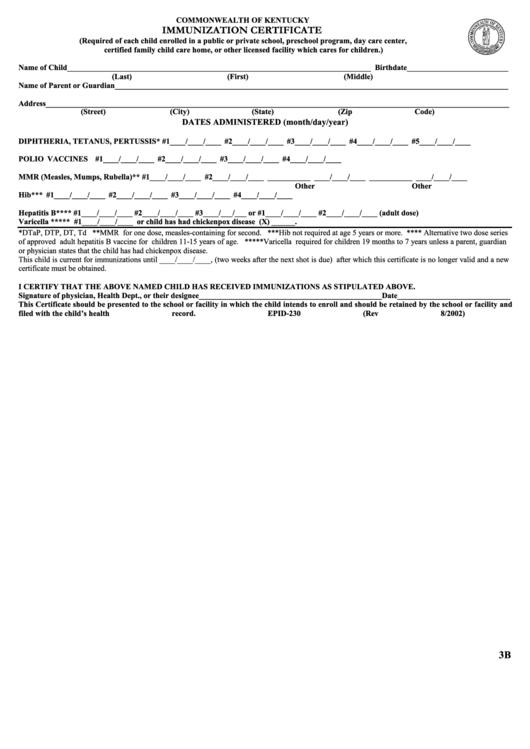 Form Epid-230 - Immunization Certificate Form - Commonwealth Of Kentucky Printable pdf