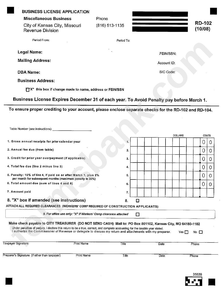 Form Rd-102 - Business License Application Miscellaneous Business