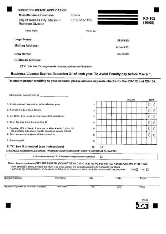 Fillable Form Rd-102 - Business License Application Miscellaneous Business Printable pdf