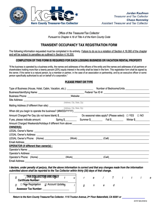 Fillable Transient Occupancy Tax Registration Form - Kern County Treasurer-Tax Collector Printable pdf