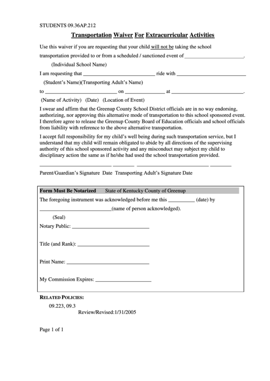 Transportation Waiver For Extracurricular Activities Form - Greenup County School District Printable pdf
