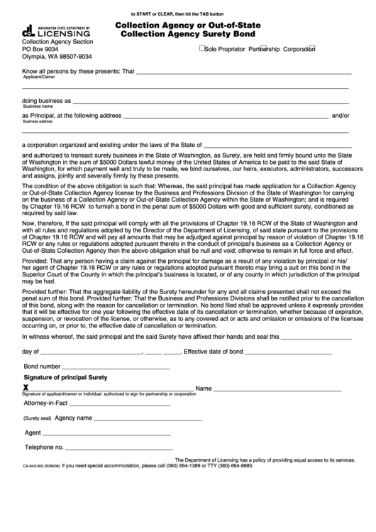 Fillable Form Ca-643-002 - Collection Agency Or Out-Of-State Collection Agency Surety Bond Printable pdf
