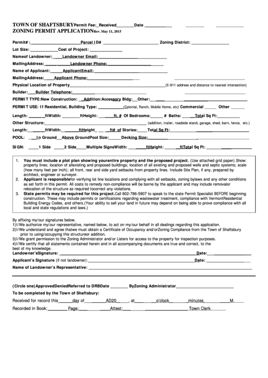 Zoning Permit Application Form - 2015 Printable pdf