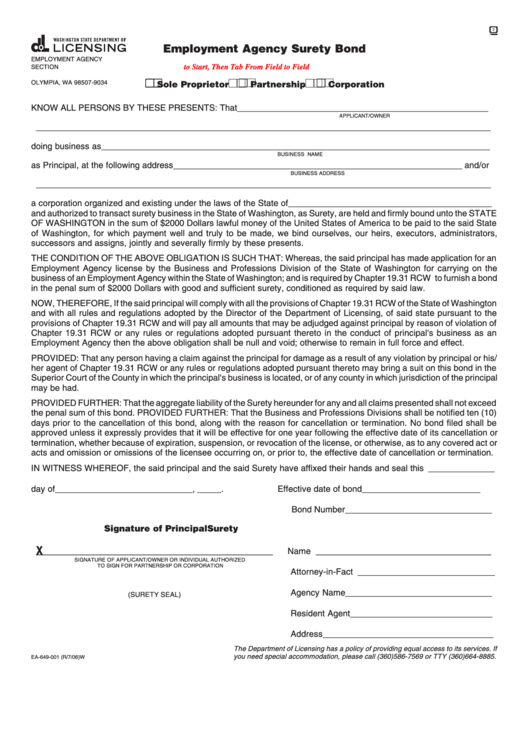 Fillable Form Ea-649-001 - Employment Agency Surety Bond Printable pdf