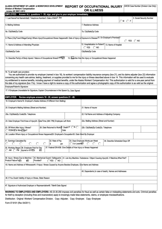Fillable Form 07-6101 - Report Of Occupational Injury Or Illness Printable pdf