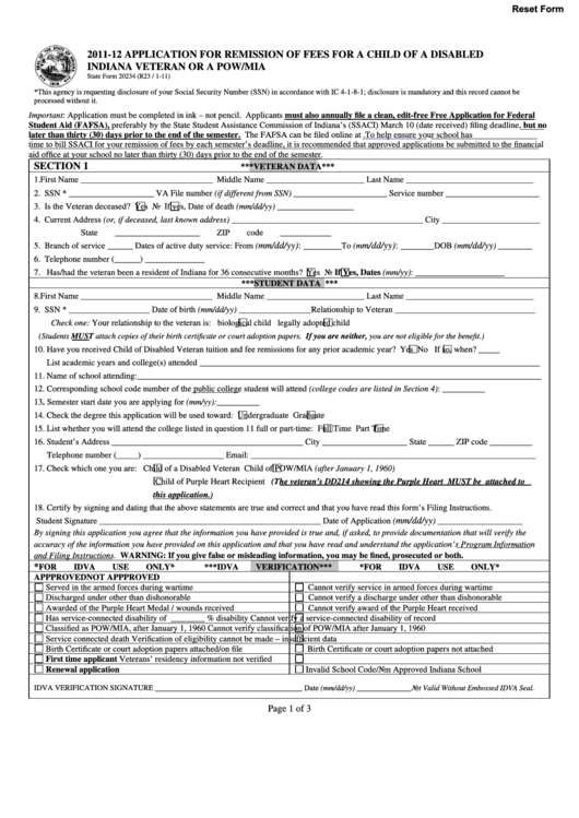 Fillable Form 20234 - 2011-12 Application For Remission Of Fees For A Child Of A Disabled Indiana Veteran Or A Pow/mia Printable pdf